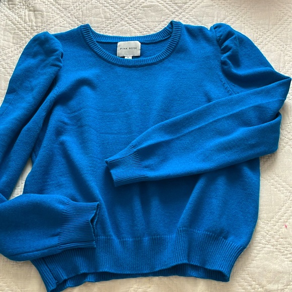 Pink Rose Puff Sleeve & Ribbed Hem Crew Neck Sweater Blue Sz M/L - Picture 3 of 13